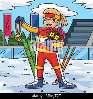 Biathlon femminile biatleta Medal Bouquet colorato Illustrazione Vettoriale