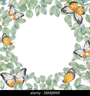 Cornice quadrata ad acquerello di rami di eucalipto con sfondo isolato di farfalle. Vegetazione tropicale e illustrazione di insetti per l'invito al matrimonio Foto Stock