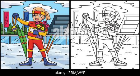 Illustrazione bouquet medaglia biatleta femminile Illustrazione Vettoriale
