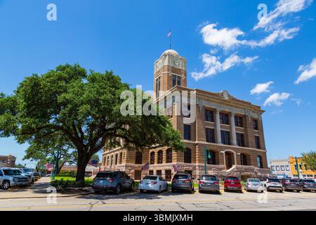 Un albero cresce accanto al tribunale della contea di Johnson a Cleburne, Texas, Stati Uniti. Foto Stock