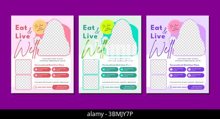 Modelli di post sui social media modificabili e colorati che promuovono programmi di nutrizione e benessere personalizzati. Ideale per gli allenatori di salute e dietisti. Illustrazione Vettoriale
