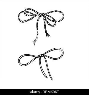 Due archi vettoriali monocromatici in corda e cordoncino intrecciato. Clip in iuta dipinta con inchiostri neri. Elementi decorativi trafilati a mano per la progettazione di imballaggi Illustrazione Vettoriale