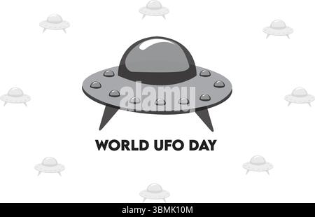 Illustrazione vettoriale del World UFO Day con astronave aliena ed elementi a tema scientifico. Perfetto per fantascienza, esplorazione spaziale ed extraterrestre. Illustrazione Vettoriale