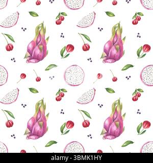 Dragon Fruit con bacche rosse, acquerello, sfondo isolato senza cuciture. Pitahaya rosa e acerola rossa ornano i tessuti estivi Foto Stock