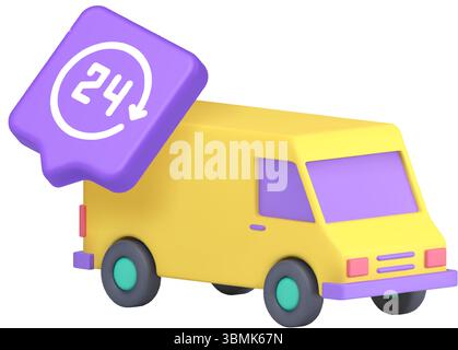 Veicolo per consegne giallo con bolla vocale viola e pulsante di manutenzione 24 ore su 24 che simboleggia logistica, spedizione e supporto 24 ore su 24. Perfetto per Illustrazione Vettoriale