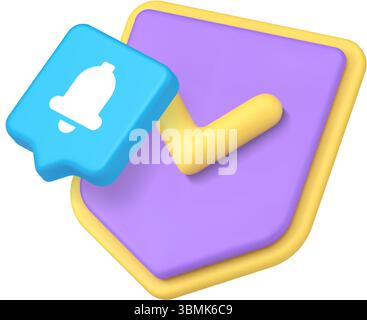 Scudo colorato con segno di spunta e bolla vocale con simbolo di notifica progettato in uno stile digitale moderno per i concetti aziendali e di branding. ic 3d. Illustrazione Vettoriale