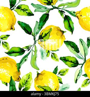 Vivace motivo botanico senza cuciture con limoni gialli, foglie verdi e rami di limone in fiore. Isolato su uno sfondo bianco pulito Illustrazione Vettoriale