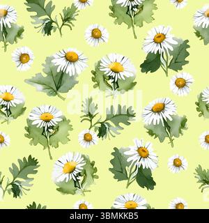 Delicato e allegro motivo ad acquerello tracciato senza cuciture con camomilla bianca e fiori a margherita su sfondo giallo. Questo design floreale botanico Illustrazione Vettoriale
