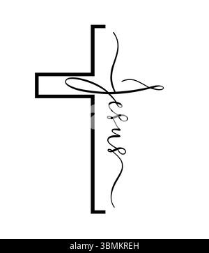 Lettere incrociate di Gesù, maglietta cristiana. Gesù - parola di colore nero con iscrizione scritta a mano. Illustrazione vettoriale Illustrazione Vettoriale