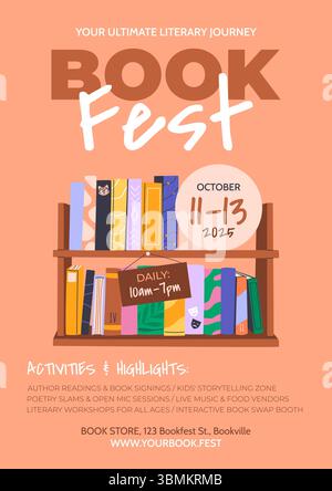 Poster o opuscolo verticale del Festival del libro. Vettore. Illustrazione Vettoriale