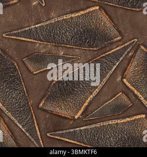 Materiale fotografico 4K senza cuciture in pelle marrone usurata e graffiata con pezzi a mosaico inseriti bruciati. Foto Stock