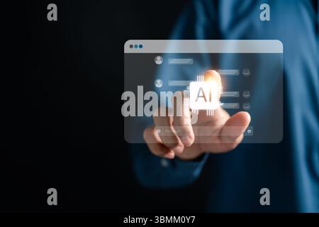 Tecnologia chatbot AI per comunicazioni intelligenti, automazione e risposta in tempo reale. Concetto di assistente virtuale, bot per l'assistenza clienti e i basato sull'intelligenza artificiale Foto Stock