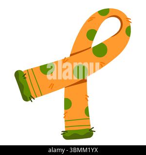 Sciarpa arancione lavorata a maglia. Abbigliamento e accessori caldi per l'inverno e l'autunno. Illustrazione vettoriale, stile piatto. Illustrazione Vettoriale