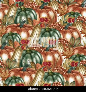 Motivo autunnale senza cuciture con zucche, foglie e fiori, oltre a vari elementi autunnali. Illustrazione ad acquerello fatta a mano. Per l'imballaggio, l'arredamento Foto Stock