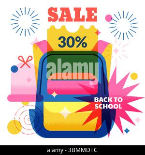 Banner, poster, design di volantini per la vendita di Back to School. Zaino aperto con buono sconto. Illustrazione piatta colorata geometrica vettoriale. Formazione creativa Illustrazione Vettoriale
