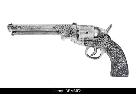 Foto isolata di una pistola revolver cowboy incisa su sfondo bianco. Foto Stock