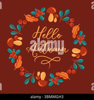 Questa illustrazione vettoriale presenta una corona rotonda composta da funghi, foglie e frutti di bosco, che catturano perfettamente l'essenza dell'autunno. Ideale per i mari Illustrazione Vettoriale