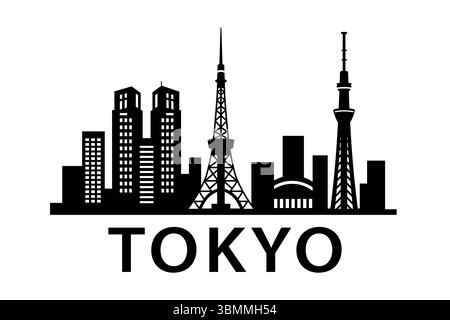 Silhouette nera stilizzata dello skyline di Tokyo con Skytree e i punti di riferimento della Tokyo Tower Illustrazione Vettoriale
