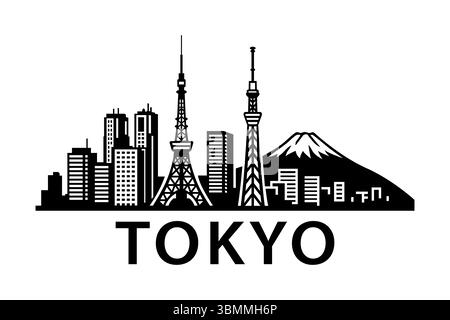 Silhouette nera del paesaggio urbano di Tokyo con la Tokyo Tower, lo Skytree e il Monte Fuji Illustrazione Vettoriale