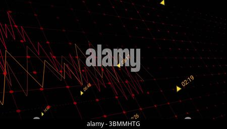 Visualizzazione di un grafico a linee al neon fluttuanti con marcatori temporali gialli sul cruscotto virtuale con griglia a punti rossa Foto Stock
