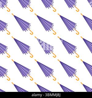 Questa illustrazione vettoriale presenta un motivo senza cuciture di eleganti ombrelli viola. Il design presenta un layout simmetrico, perfetto per le pubbliche relazioni a tema pioggia Illustrazione Vettoriale