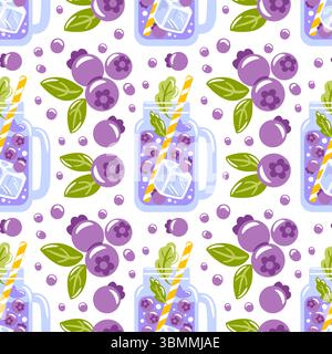Un motivo senza cuciture con vasetti in vetro vintage pieni di bevande ai mirtilli, circondati da mirtilli freschi. Questo affascinante design captur Illustrazione Vettoriale
