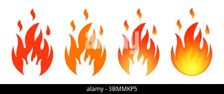 Fiamme, falò in fiamme, fiamme rosse, segnale di pericolo infiammabile. Riscaldamento, temperatura calda. Fuoco leggero. Icona luminosa e ardente del caminetto Illustrazione Vettoriale