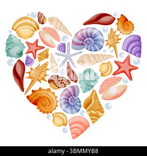 Conchiglie a forma di cuore isolate su sfondo bianco. Sfondo estivo con conchiglie colorate... Illustrazione vettoriale per spiaggia, mare, tema costiero p Illustrazione Vettoriale