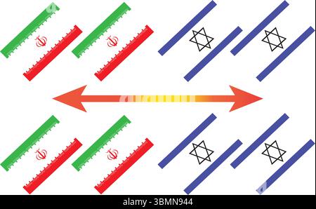 Design diagonale con bandiere iraniane e israeliane con frecce rosse sullo sfondo vettoriale del tema Conflict Illustrazione Vettoriale