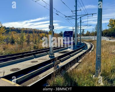 Edmonton, Alberta - 13 ottobre 2024: Un vagone ferroviario cittadino a livello stradale Edmonton Foto Stock