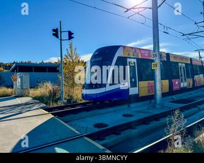 Edmonton, Alberta - 13 ottobre 2024: Un vagone ferroviario cittadino a livello stradale Edmonton Foto Stock
