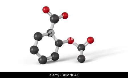 Illustrazione di una molecola di aspirina, nota anche come acido acetilsalicilico. Per semplicità, gli atomi di idrogeno non sono mostrati. Foto Stock