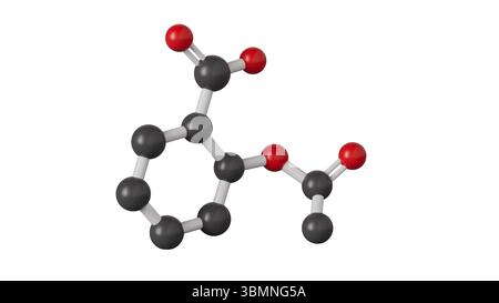 Illustrazione di una molecola di aspirina, nota anche come acido acetilsalicilico. Per semplicità, gli atomi di idrogeno non sono mostrati. Foto Stock
