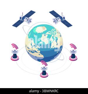 Isometric satellite Communication Network Orbiting Earth fornisce connettività Internet globale. Comunicazione satellitare globale e tecnologia spaziale C. Illustrazione Vettoriale