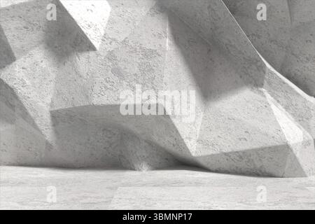 Rendering 3D che mostra pareti in cemento sfaccettate scolpite che si estendono su pavimenti lisci sotto un'illuminazione soffusa Foto Stock