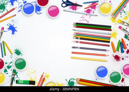 L'illustrazione piatta mostra bicchieri di vernice e matite colorate che confinano con un foglio bianco sulla scrivania, spazio di copia Foto Stock