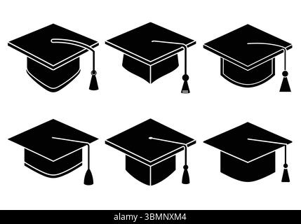 Black Graduation Caps: Set di icone semplici e piatte; istruzione, traguardo, successo Illustrazione Vettoriale