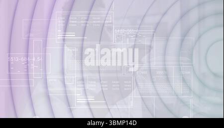 Visualizzazione di pannelli traslucidi sovrapposti al dashboard, con tabelle numeriche, grafici di dati e forme di griglia Foto Stock