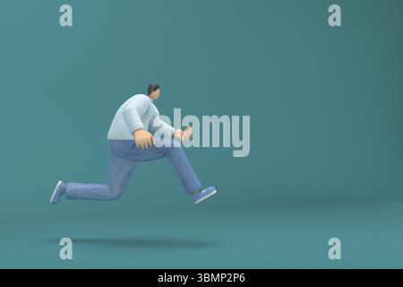 Personaggio dei cartoni animati che indossa una camicia lunga bianca con jeans. illustratore 3d in azione. Sta correndo Foto Stock