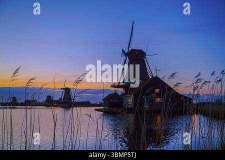 Paesaggio al tramonto con mulini a vento e il campo di erbe selvatiche e fiori. Sagome di mulini olandesi vicino al lago al tramonto in un paesaggio rurale. Tramonto in l Foto Stock