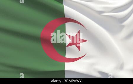 Sventolando la bandiera nazionale dell'Algeria. Rendering 3D ravvicinato estremamente dettagliato Foto Stock