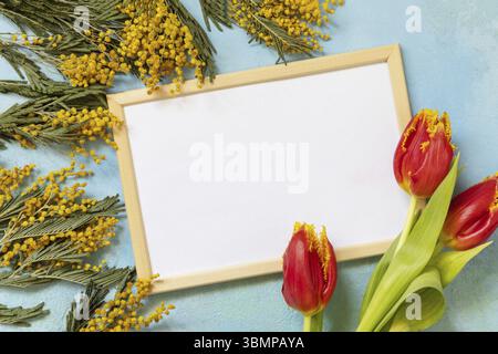 Tulipani in fiore, mimosa con cornice fotografica su sfondo blu. Concetto primaverile, composizione dei fiori. Biglietto d'auguri. Vista dall'alto. Copia spazio Foto Stock
