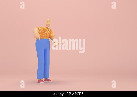 La donna con i capelli dorati legati a un panino che indossa pantaloni a coste blu e T-shirt Orange a righe bianche. Lei è espressione di mano quando parla. 3d. Foto Stock