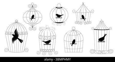 Set vettoriale disegnato a mano di gabbie per uccelli in stile doodle semplice collezione di schizzi di gabbia metallica per uso domestico illustrazione line art casa isolata per animali d'epoca Illustrazione Vettoriale
