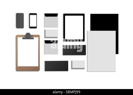Vuoto ID aziendale. Impostare isolato su bianco. Sono costituiti da schede aziendali, cartella, tablet PC, buste, a4 Carta intestata, notebook, flash, matita, disco cd Foto Stock