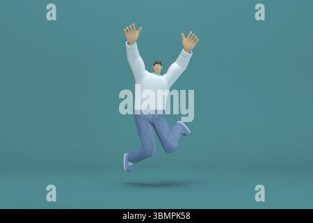 Personaggio dei cartoni animati che indossa una camicia lunga bianca con jeans. illustratore 3d in azione. Sta saltando Foto Stock