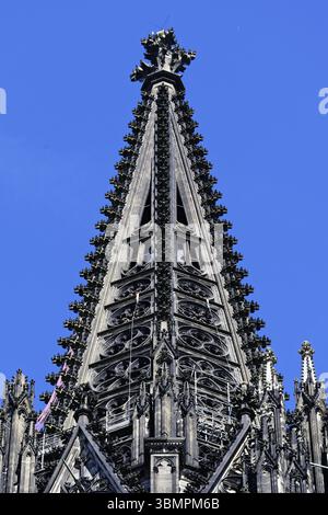 Guglia filigranata e riccamente decorata di una delle due torri della cattedrale di colonia Foto Stock