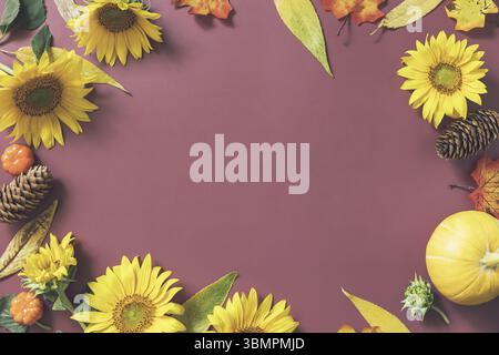 Cornice creativa realizzata con decorazioni natalizie autunnali di zucche, girasoli e foglie su sfondo marrone. Composizione autunnale. Natura Trendy decorazione Des Foto Stock
