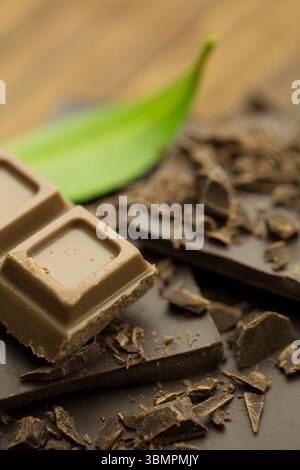 la piazza del cioccolato al latte si appoggia su frammenti di cioccolato fondente accanto alla foglia verde in macrofotografia Foto Stock