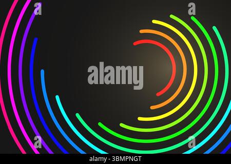 Archi colorati dell'arcobaleno illuminati curvi su uno sfondo sfumato scuro, creando un design moderno e dinamico ispirato alla tecnologia, illustrazione vettoriale Illustrazione Vettoriale